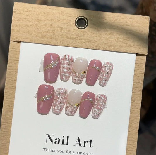  10Pcs Handmade Press On Nails Short French Gentle Ballet Full Cover Flower Pearl Design False Nails Manicure Wearable Nail Tips -  - DYAVOR® 