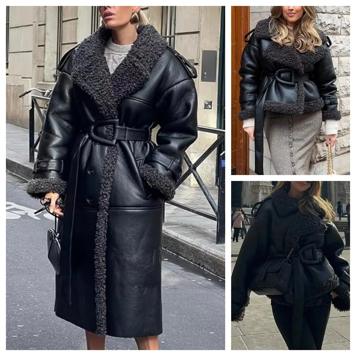 Faux Fur Leather Long Jacket – Belted Lapel Patchwork Winter Coat for Women