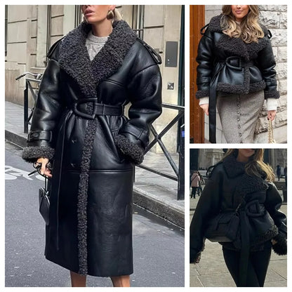 Faux Fur Leather Long Jacket – Belted Lapel Patchwork Winter Coat for Women