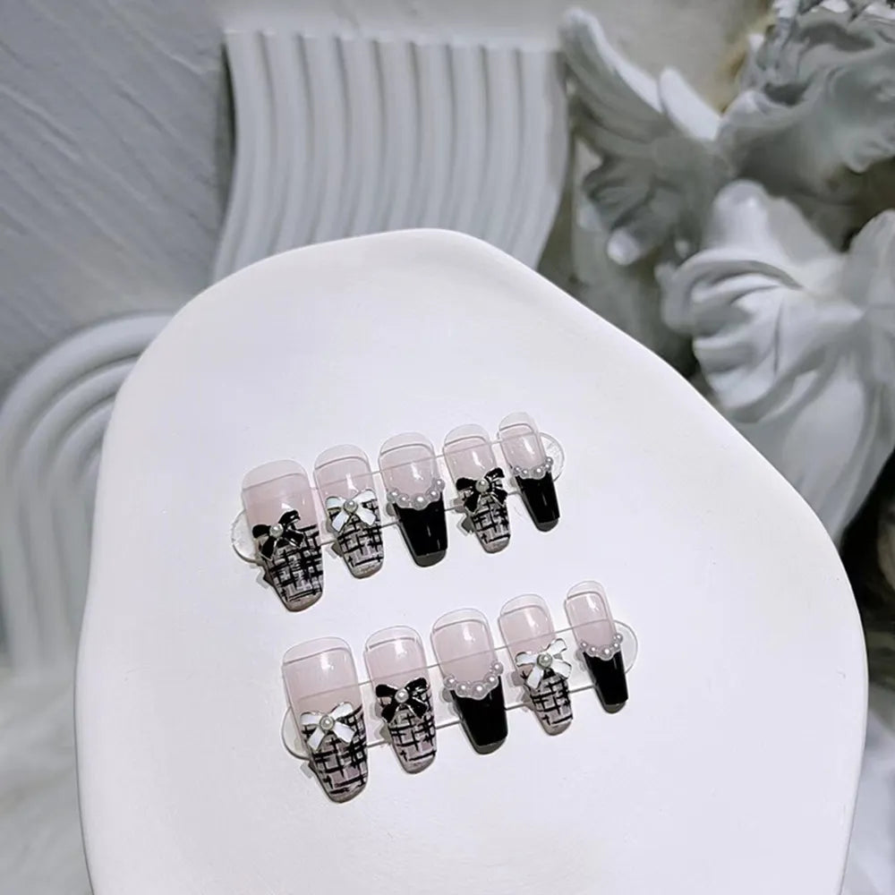  Autumn French False Nails with Butterfly Pearl Decor Bride Fake Nail Wearable Press on Nails Coffin Ballet Nail Tips for Girls -  - DYAVOR® 