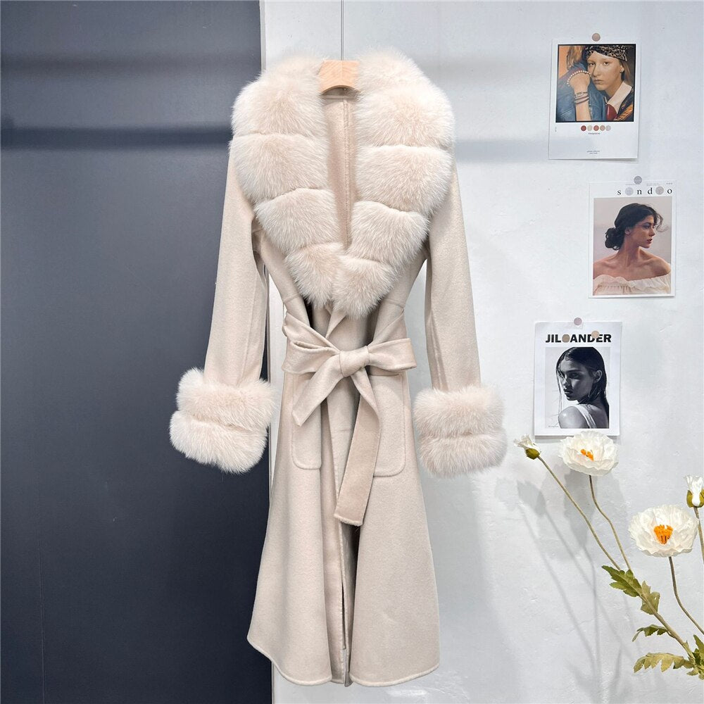  New X-long Cashmere Wool Blends Women Real Fur Coat Jacket Female Lady Wool Blends Fox Fur Collar Coats Jackets Long Trench -  - DYAVOR® 