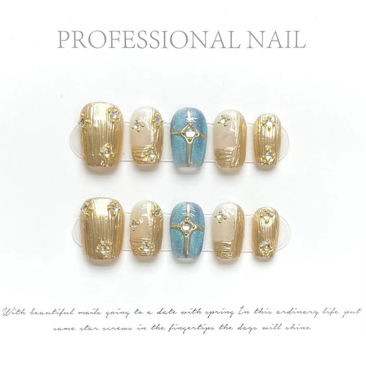  10Pcs Short Gold Handmade Press on Nails Moon Ballet Wearable Rhinestones False Nails Glitter Decoration Manicure Nail Tips Art -  - DYAVOR® 