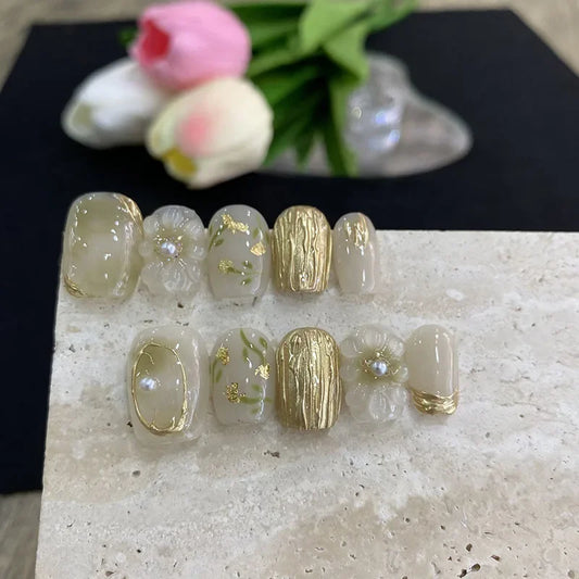  10pcs Handmade gold foil 3D charms flowers press on nails short square head false nails with glue ballet acrylic fake nails tips -  - DYAVOR® 