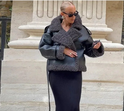 Faux Fur Leather Long Jacket – Belted Lapel Patchwork Winter Coat for Women