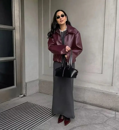 Wine Red Faux Leather Jacket – Autumn Winter Streetwear Fashion Outerwear Women