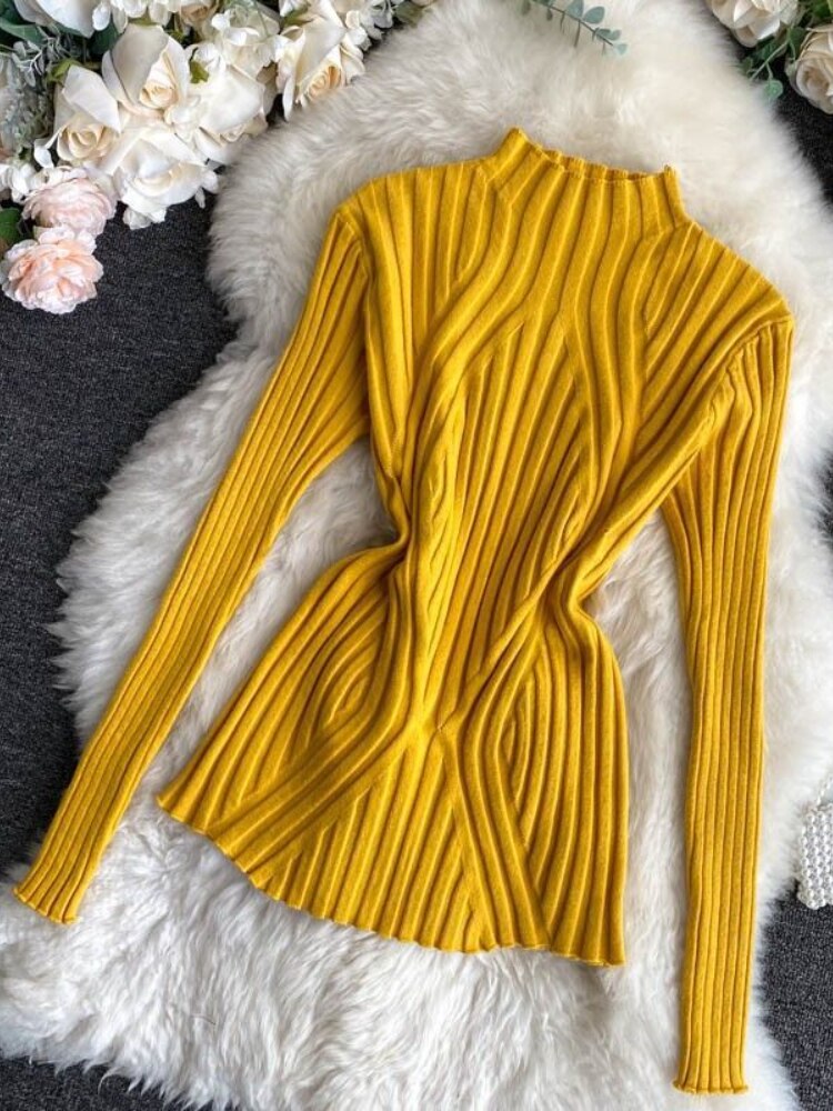 Semi-turtleneck Knitted Bottoming Shirt Long Sleeve Shirt Autumn Winter New Tight Pit Sweater Pullover for Women Sweater Women