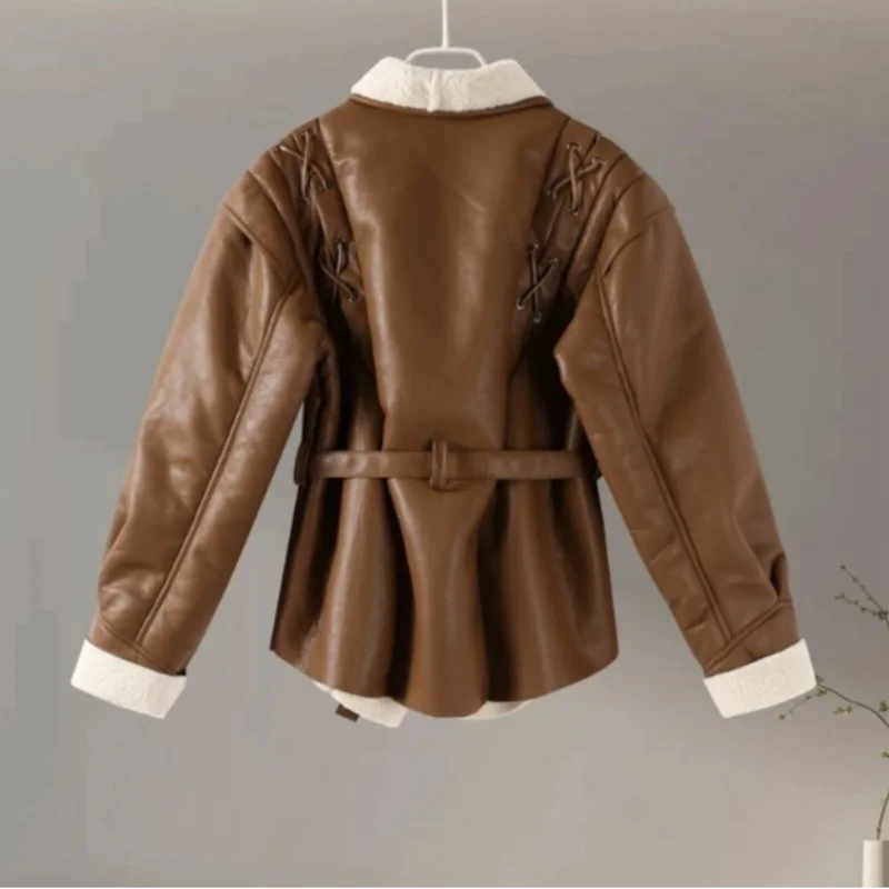 Leather Jacket with Belt & Fur Collar For Women | Elegant Streetwear Coat
