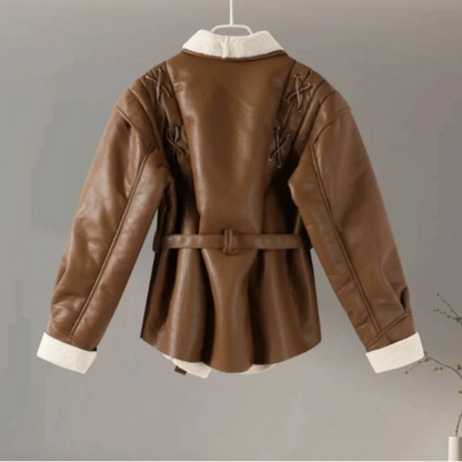 Leather Jacket with Belt & Fur Collar For Women | Elegant Streetwear Coat
