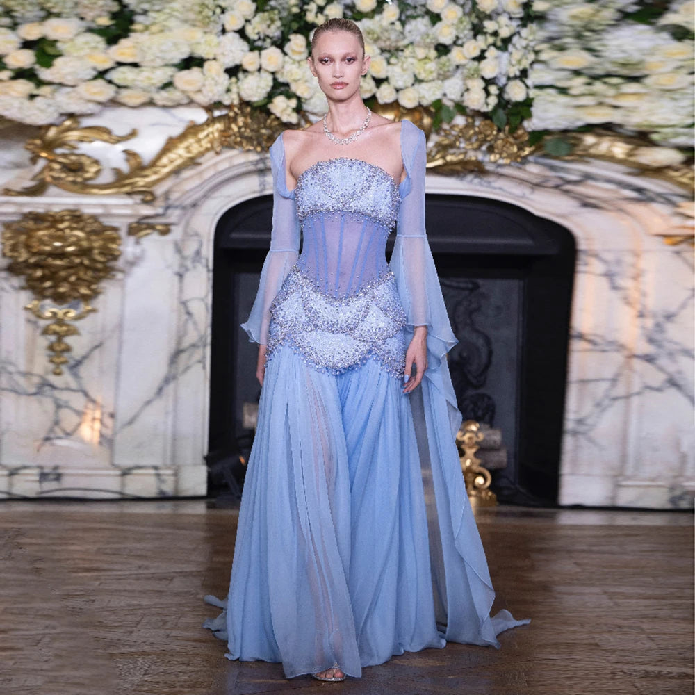 Elegant White & Yellow Chiffon Corset Evening Dress with Flare Sleeve Jacket