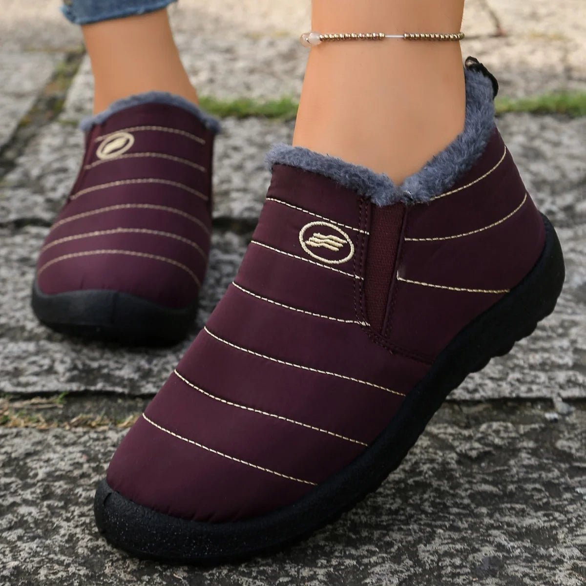 Fur Lined Ankle Boots Women Winter Warm Waterproof Slip-On Short Shoes