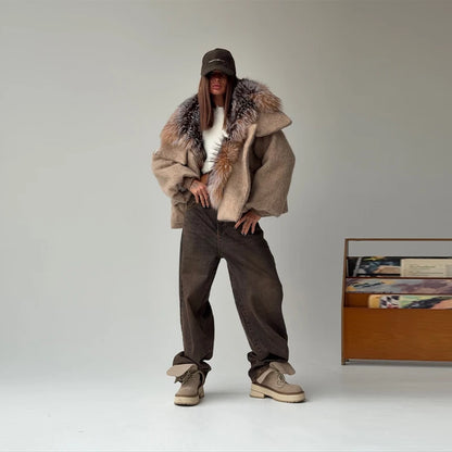 Vintage Thicken Faux Fur Woolen Hooded Pocket Lantern Sleeve Elastic Waist Coat Women