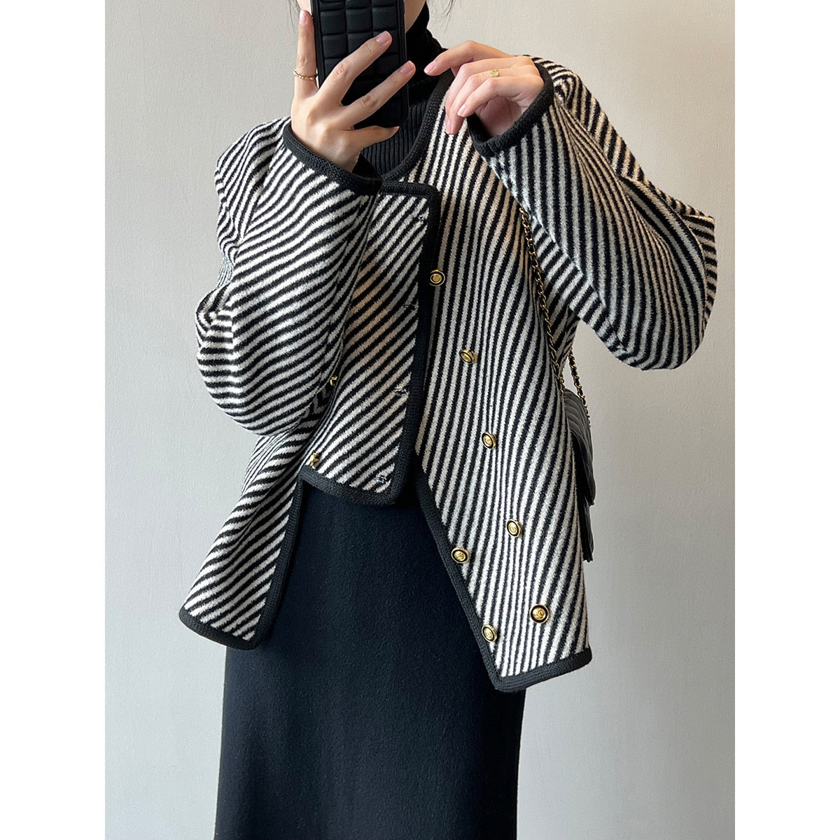 Striped small fragrant jacket Women's new Korean double-breasted jacket for spring 2023