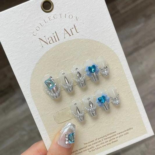  10Pcs Blue Handmade Press On Nails Ballerina French with Rhinestones Wearable False Nails Gradient Decoration Fake Nails Tips -  - DYAVOR® 