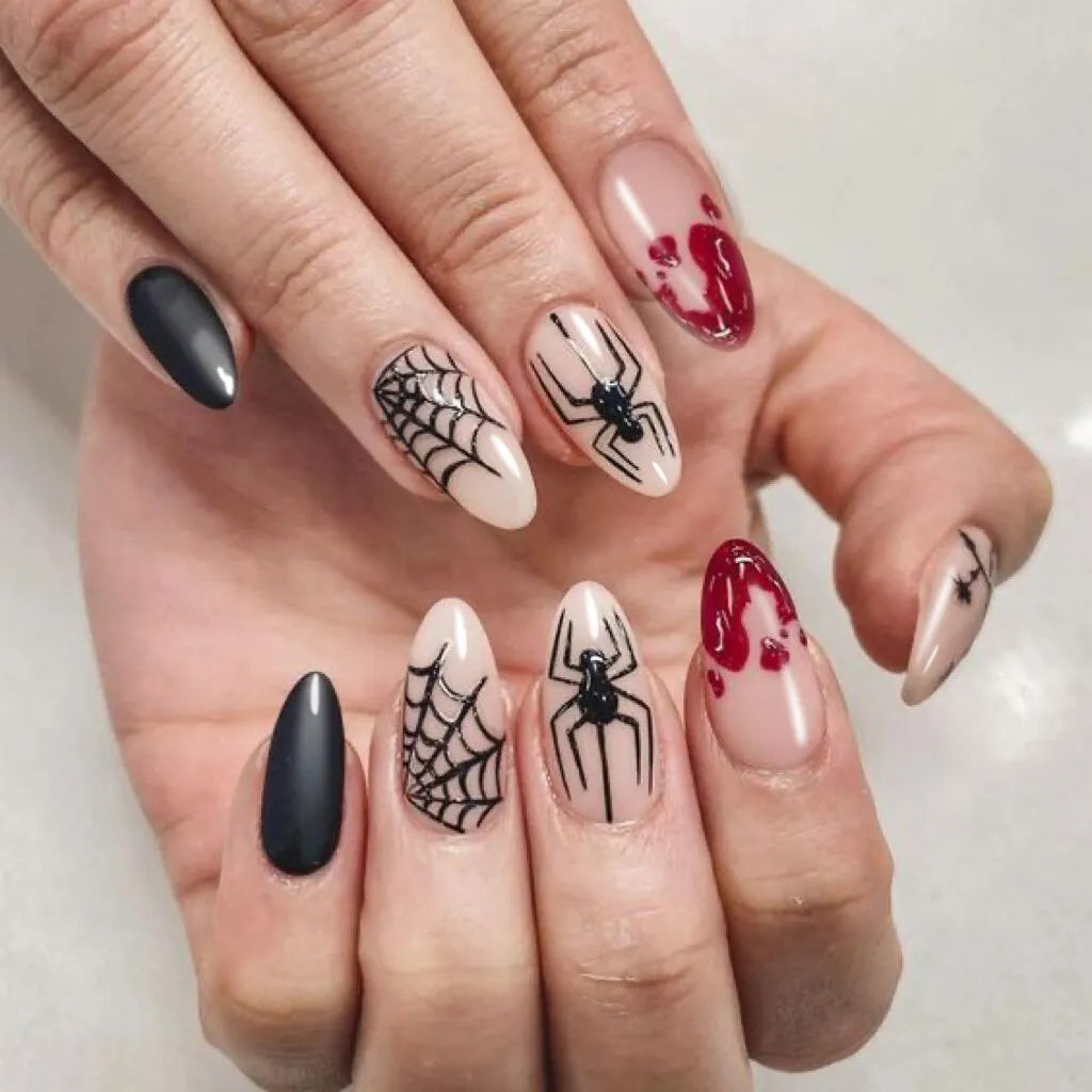  Red Spider Printed False Nail Halloween Nail Art Decor Press on Nails for Girl Gifts Short Round Cool y2k Style Fake Nail Tips -  - DYAVOR® 