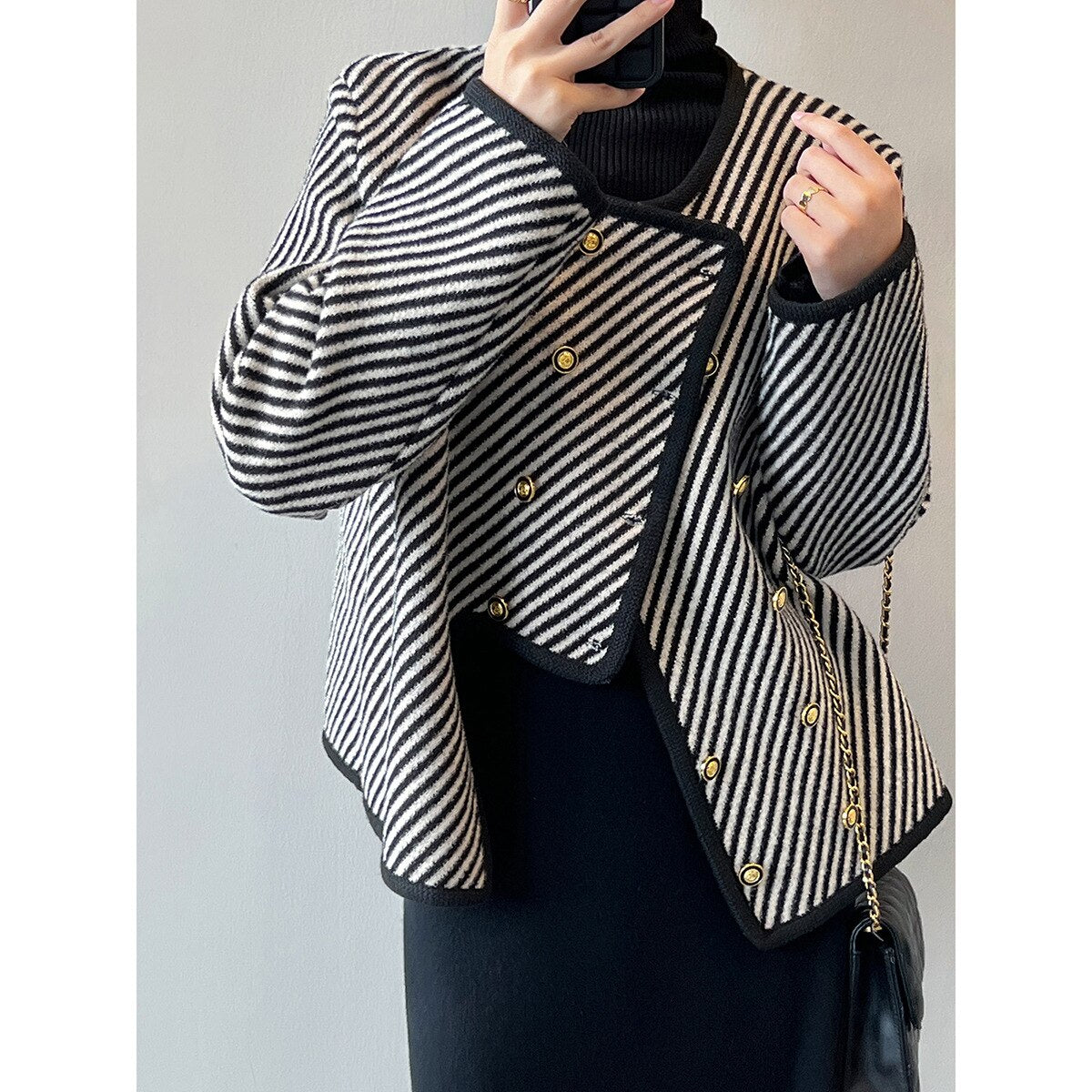 Striped small fragrant jacket Women's new Korean double-breasted jacket for spring 2023