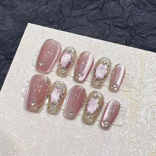  10pcs Cat Eyes Magic Mirror Pink Press On Nails Short Ballet Removeable Manicure Full Cover Long False Nail With Glue Fake Nail -  - DYAVOR® 