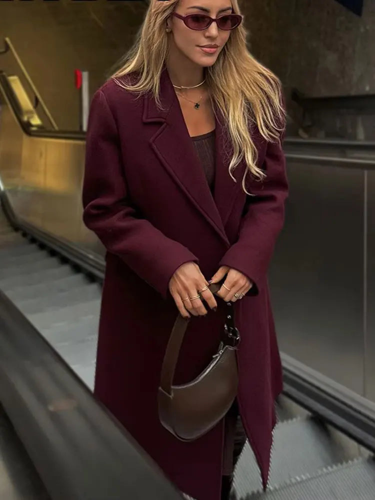 Burgundy Double-Breasted Lapel Coat – Autumn Winter High Street Fashion Jacket Women