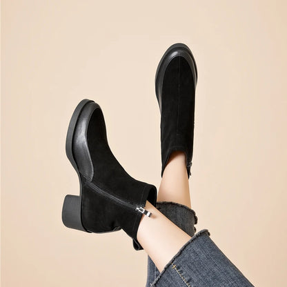 Genuine Leather Chunky High Heel Short Boots Pointed Toe Women