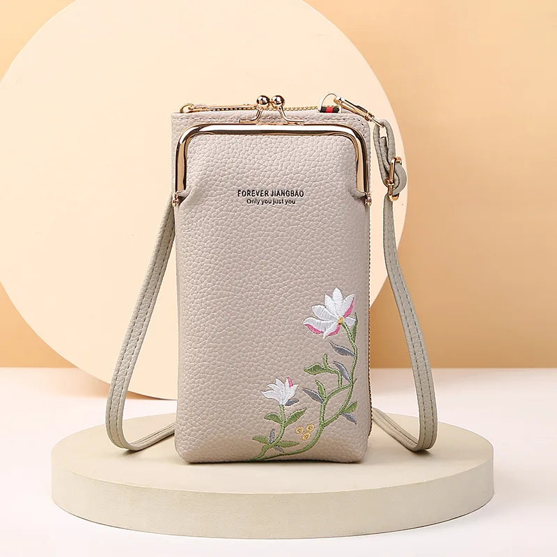Elegant Floral Leather Mini Crossbody Bag – Mobile Phone Purse & Messenger Wallet
