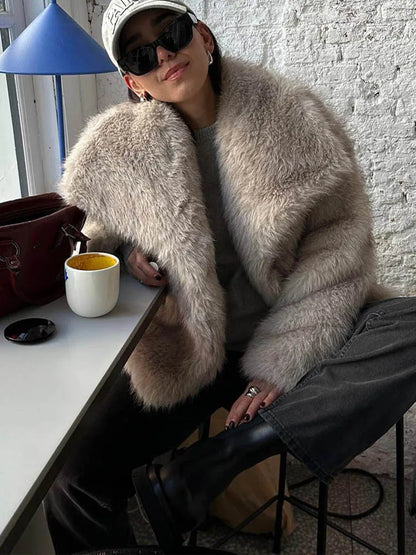 Fashion Cropped Faux Fur Jacket Long Sleeve Snap-button Chic Thick Coat Women