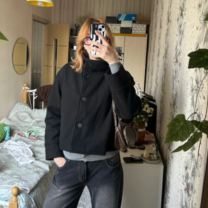Urban Black Wool Blend Coat – Stand Collar Warm Jacket 2025