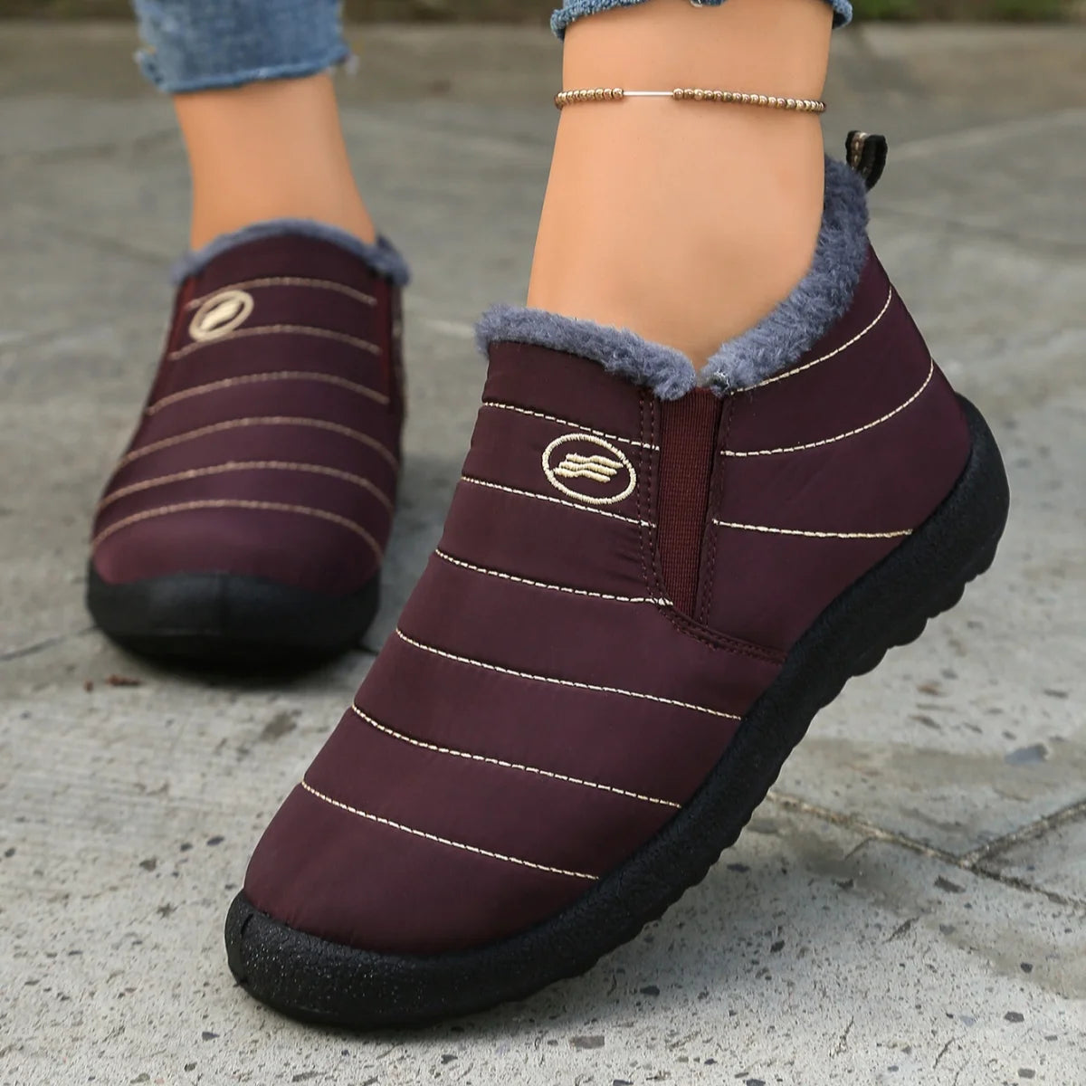 Fur Lined Ankle Boots Women Winter Warm Waterproof Slip-On Short Shoes