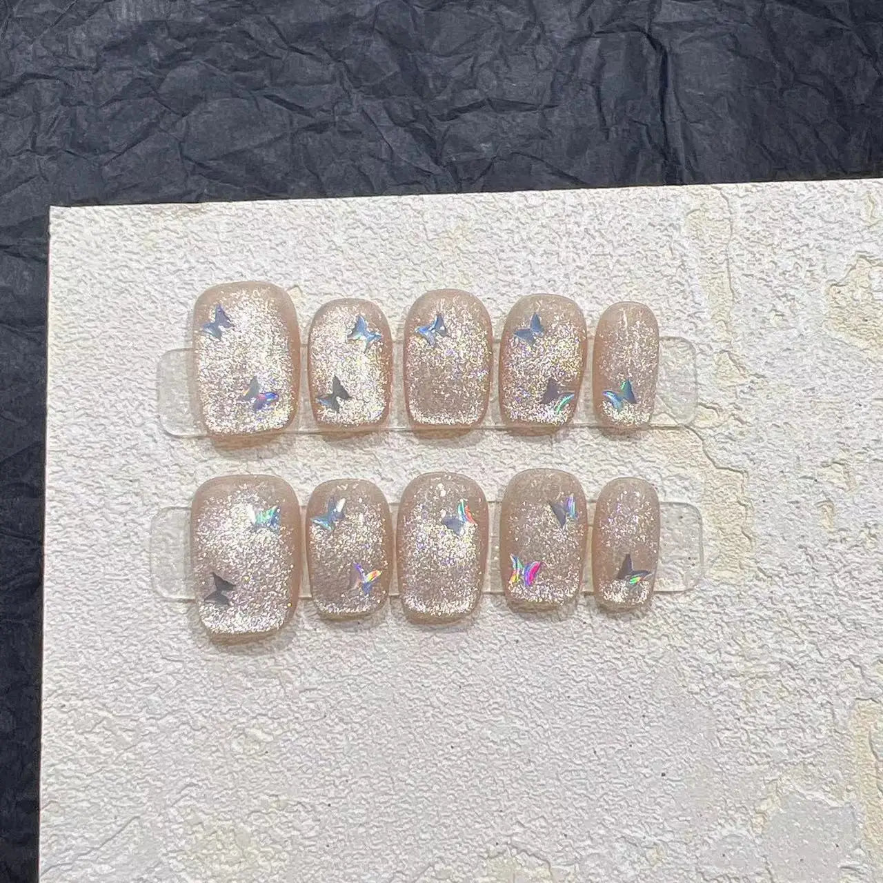  10PCS wearable Crystal cat eye butterfly handmade nail art finished fake nails with glue short ballet press on acrylic nails tip -  - DYAVOR® 