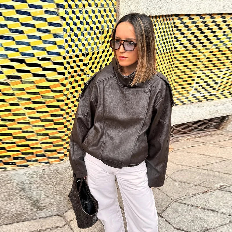 Stand Collar Leather Jacket For Women – Double Button High Street