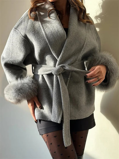 Elegant Fox Fur Wool Overcoat For Women – Short Double-Sided Wool Coat 2025
