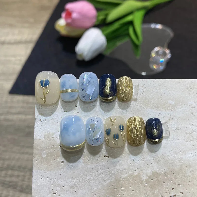  10pcs Handmade gold foil 3D charms flowers press on nails short square head false nails with glue ballet acrylic fake nails tips -  - DYAVOR® 