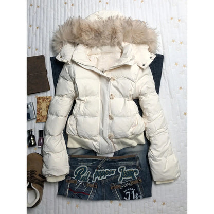 American Retro Fur Collar Hooded Cotton Coat – Warm Loose Casual Winter Jacket for Women