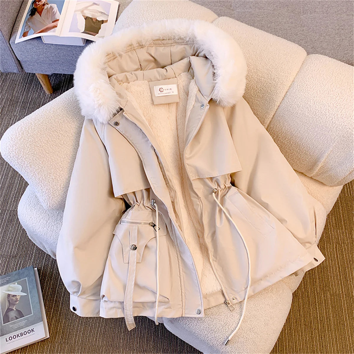 Korean Hooded Padded Coat – Warm Drawstring Zip-Up Winter Parka