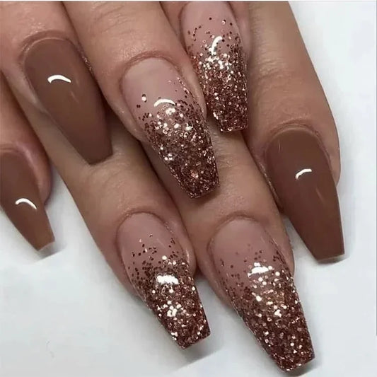 24pcs removeable false nails with glue Gradient Shinny brown coffin glitter Ballet press on nails long full cover fake nails tip