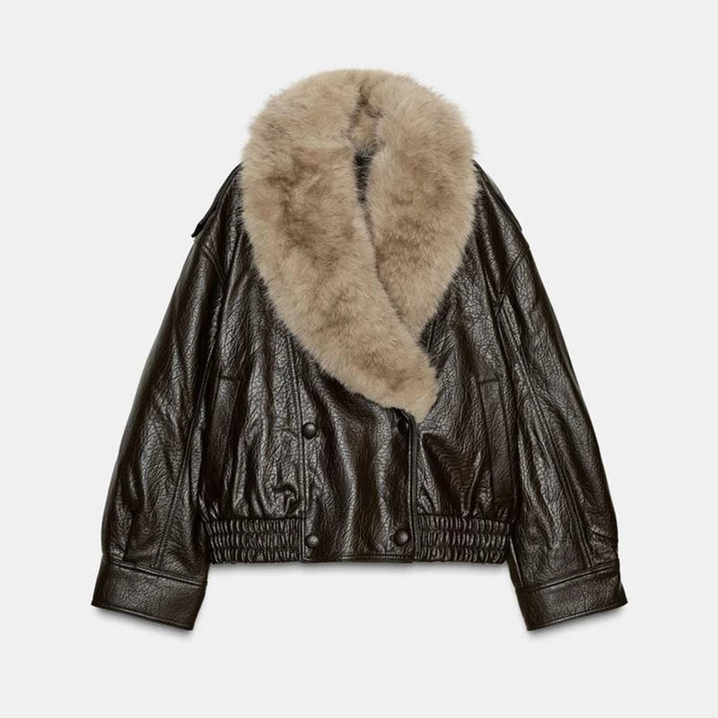 Women’s Double-Breasted Leather Jacket with Detachable Fur Collar