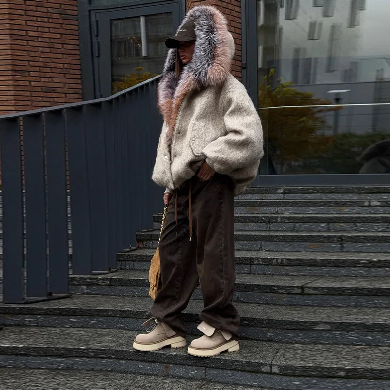 Vintage Thicken Faux Fur Woolen Hooded Pocket Lantern Sleeve Elastic Waist Coat Women