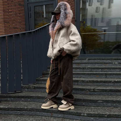 Vintage Thicken Faux Fur Woolen Hooded Pocket Lantern Sleeve Elastic Waist Coat Women