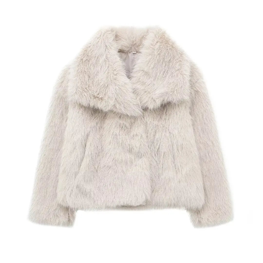 Fashion Cropped Faux Fur Jacket Long Sleeve Snap-button Chic Thick Coat Women