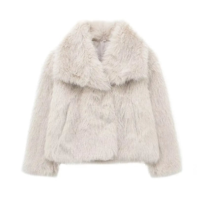 Fashion Cropped Faux Fur Jacket Long Sleeve Snap-button Chic Thick Coat Women