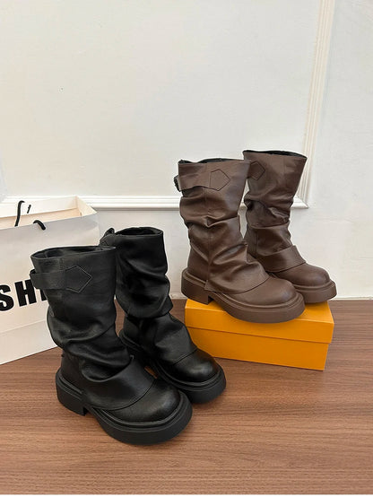 Western Cowboy Booties Thick Heel Pleated Slip-On Designer Trendy Streetwear Women