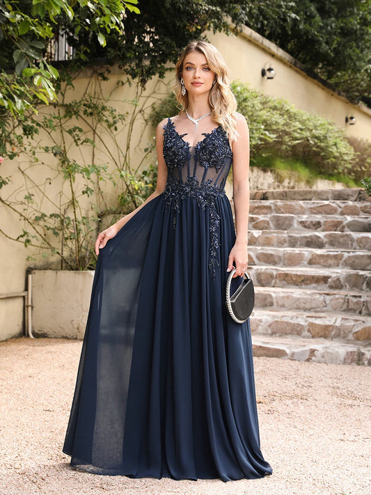 Elegant Navy Blue A-Line Beaded Evening Dress – Spaghetti Strap Illusion Prom Gown for Women