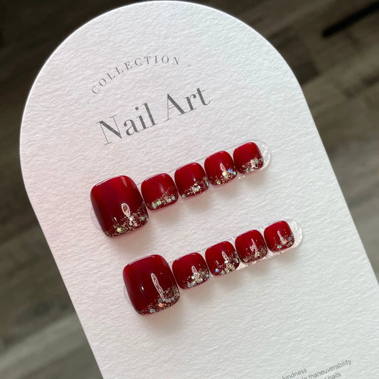  Handmade Red Toe Nails Press on Korean Reusable Adhesive False Nails with Glitter Design Acrylic Artifical Full Cover Nail Tips -  - DYAVOR® 