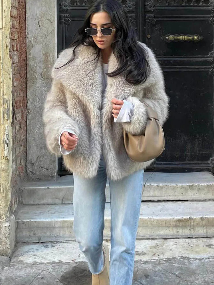 Fashion Cropped Faux Fur Jacket Long Sleeve Snap-button Chic Thick Coat Women