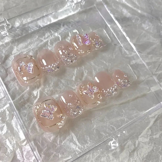  Mermaid Pearl Handmade Wear Nail Short Nail Fairy Aurora Fake Nails Nail Art Bow Handmade Removable Wear Nails -  - DYAVOR® 