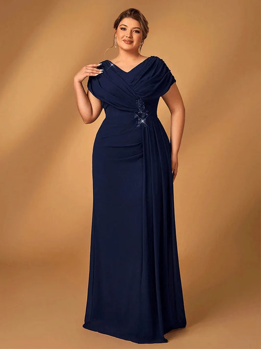 Luxury Plus Size Mother of the Bride Evening Gown – Shiny Navy Blue Chiffon Formal Dress