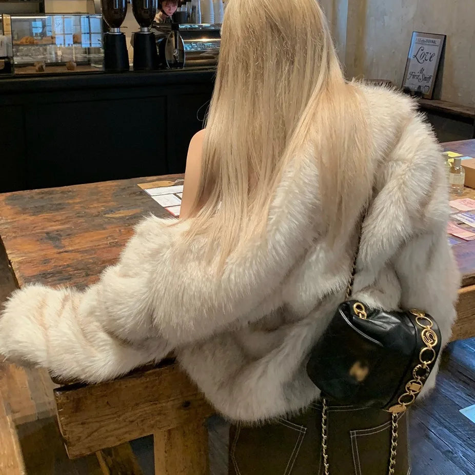 Luxury Autumn Winter Fur Coat Short Fluffy Fox Fur Jacket Cropped Women