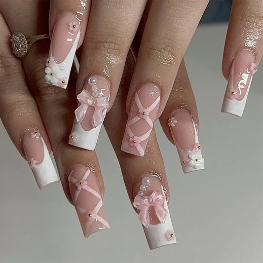  24Pcs Pink Bow Design False Nails Long Ballet Press on Nails with Pearl Wearable Coffin Fake Nails French Square Finger Nail -  - DYAVOR® 