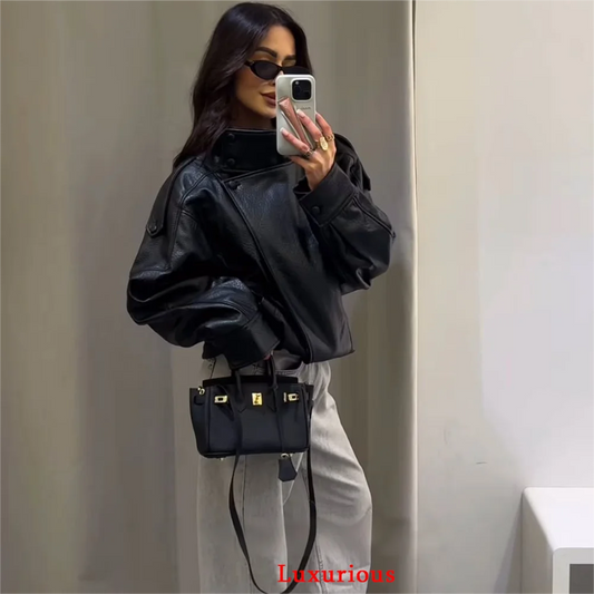 Oversized Black Leather Jacket For Women – Casual Chic Fall Streetwear 2025
