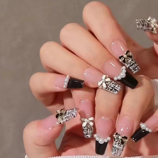  Autumn French False Nails with Butterfly Pearl Decor Bride Fake Nail Wearable Press on Nails Coffin Ballet Nail Tips for Girls -  - DYAVOR® 