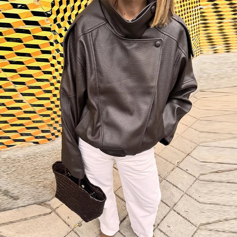 Stand Collar Leather Jacket For Women – Double Button High Street