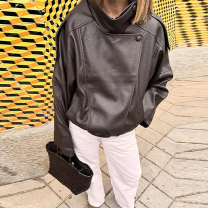 Stand Collar Leather Jacket For Women – Double Button High Street